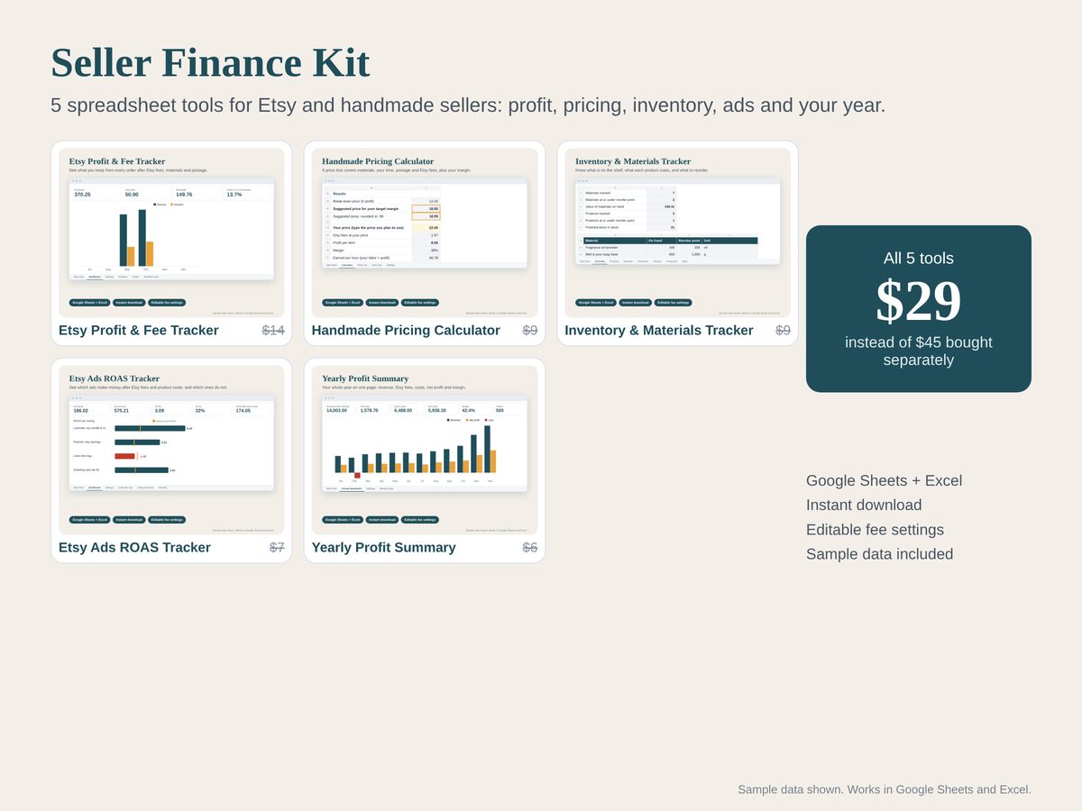 Preview of the Seller Finance Kit: five spreadsheet tools for Etsy sellers