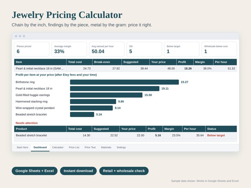 Jewelry Pricing Calculator spreadsheet preview