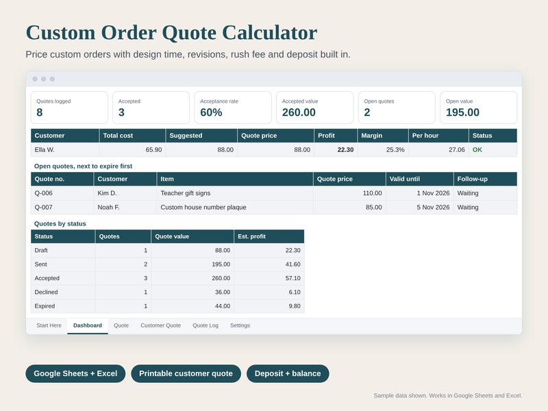 Custom Order Quote Calculator spreadsheet preview