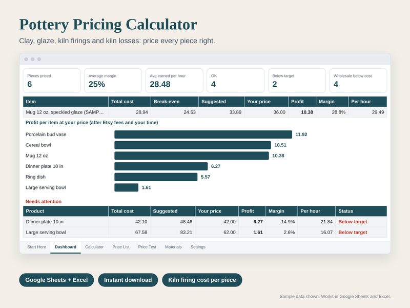 Pottery Pricing Calculator spreadsheet preview
