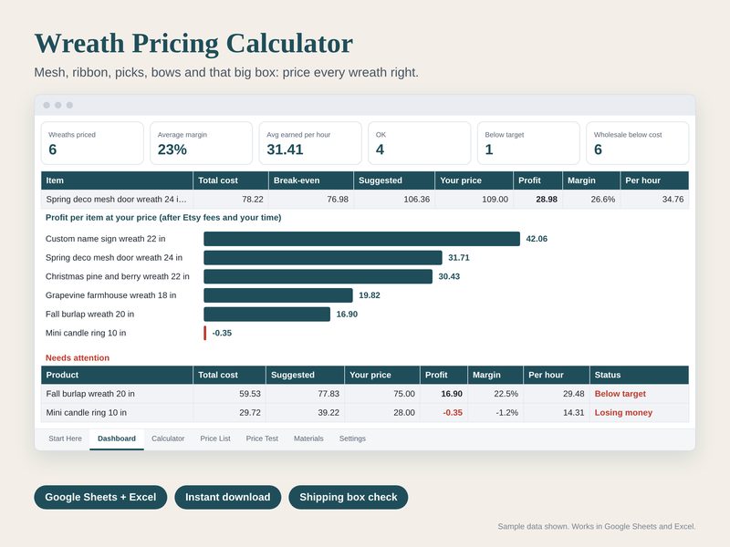 Wreath Pricing Calculator spreadsheet preview