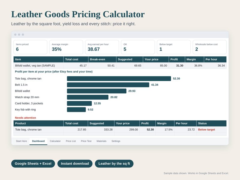 Leather Goods Pricing Calculator spreadsheet preview